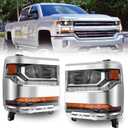ROXX Headlight Assembly Fits for 2016-2019 Chevy Silverado 1500 [HID/Xenon Type] Projector Chrome Headlights with LED Parking Lamp, 16-19 Chevy Silverado 1500 Headlights Assembly Replacement 1 Pair (Chrome Housing / Clear Lens)