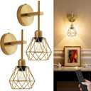 Bailoch Gold Hollow Wireless Battery Operated Wall Sconces Set of 2, 8000mAh Rechargeable Dimmable Wall Light with Remote, Cordless Battery Powered Lamp Decor Fixture for Bedroom Living Room Hallway