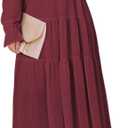 BLENCOT Womens Casual V Neck Long Sleeve Long Evening Dress Cocktail Party Maxi Wedding Dresses Solid Color Wine Red X-Large