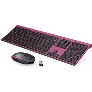 Rechargeable Wireless Keyboard and Mouse Combo, Vssoplor 2.4GHz Ultra Quiet & Slim Full Size Keyboard with 3-Level DPI Mouse for Windows PC Laptop, Black and Wine Red