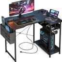 L Shaped Gaming Desk 40 Inch - Computer Corner Desk with Power Outlets, Reversible Shelves & Storage Bag for Home Office, PC Gaming Table, Black Carbon