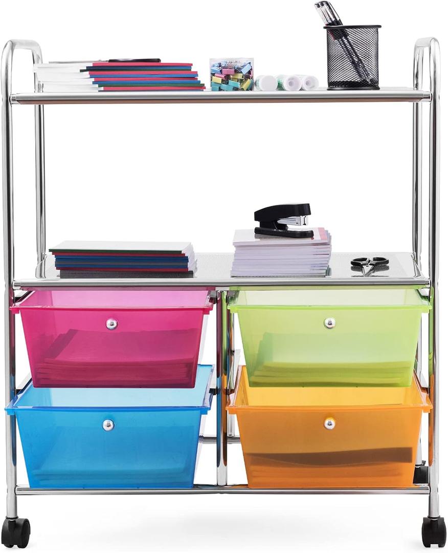  4-Drawer Storage Cart, Mobile Storage Organizer w/Steel Frame & 360 Wheels, 4-Drawer Utility Cart for Living Room, Kitchen, Bathroom & Office (Multicolor)