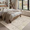 6x9 Beige Washable Neutral Area Rug Living Room Floral Non Slip Low Pile Throw Rug Vintage Traditional Stain Resistant Carpet Bedroom Kitchen Dining Room Office Playroom