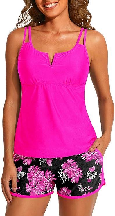 Aqua Eve Tankini with Shorts  2 Piece Tummy Control Swimsuit VWire Tank Top with Boyhorts 2025 Ladies Bathing Suit with Side Pockets Pink Floral XXLarge