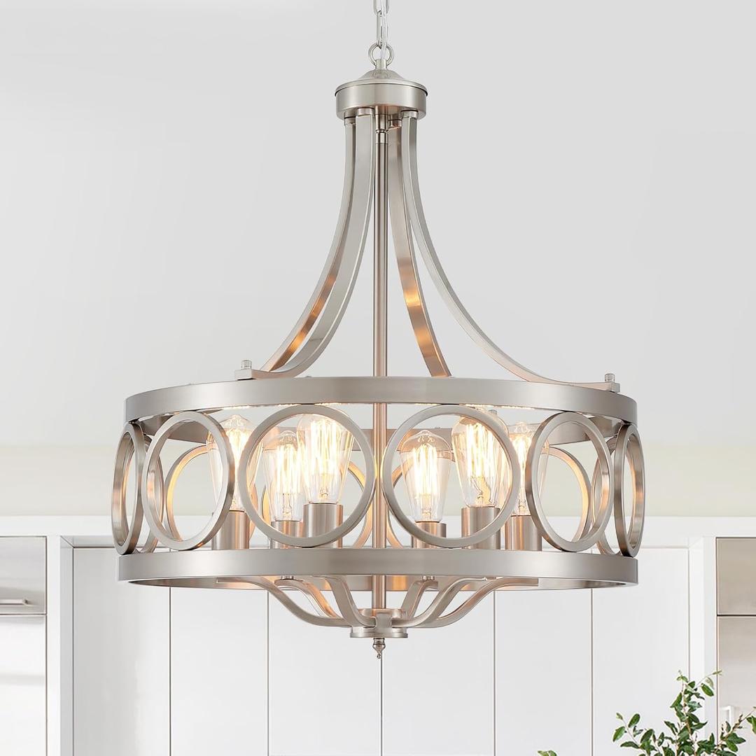 XINGQI Brushed Nickel Dining Room Chandelier 6 Lights Modern Farmhouse Chandelier 21.7" Round Hanging Lighting Fixture Rustic Metal Drum Pendant Lamp for Entryway Bedroom Kitchen, Large
