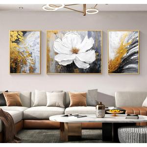 3 Pcs Hand-Painted Floral Canvas Wall Art for Living Room | 3D Textured Abstract White Flower Paintings with Gold Frames for Bedroom | Ready to Hang Modern Luxury Wall Decor for Office (24x64 Inches)