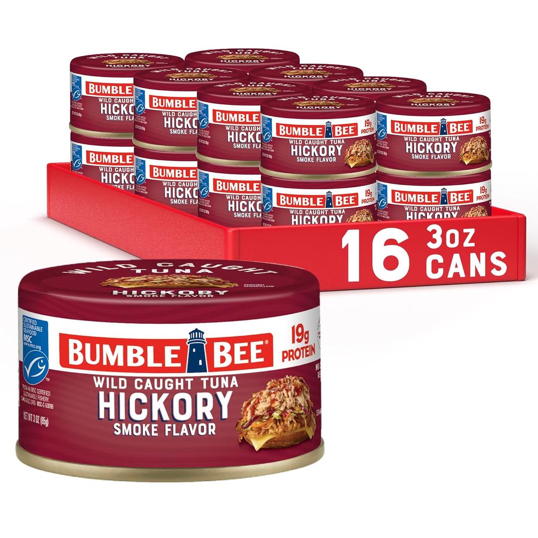 Bumble Bee Snackers - Hickory Smoke Tuna, 3 oz Easy Open Can - 19g Protein per Serving - Wild Caught Skipjack Chunk Light Tuna Pack - No Draining, Ready to Eat (Pack of 16), 08/02/2026