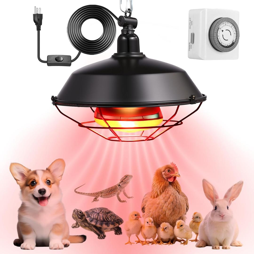 Yinsun Chicken Coop Heater, 150w Heating Lamp for Puppies with 24Hour Indoor Basic Timer, Daily On/Off Cycle  30 Minute Interval, Adjustable Height Heating Lamp for Chicken Reptile Rabbits Dog Cats