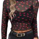 SOFIA'S CHOICE Women's Heart Print Mesh Crop Top See Through Long Sleeve Shirts Black, Large