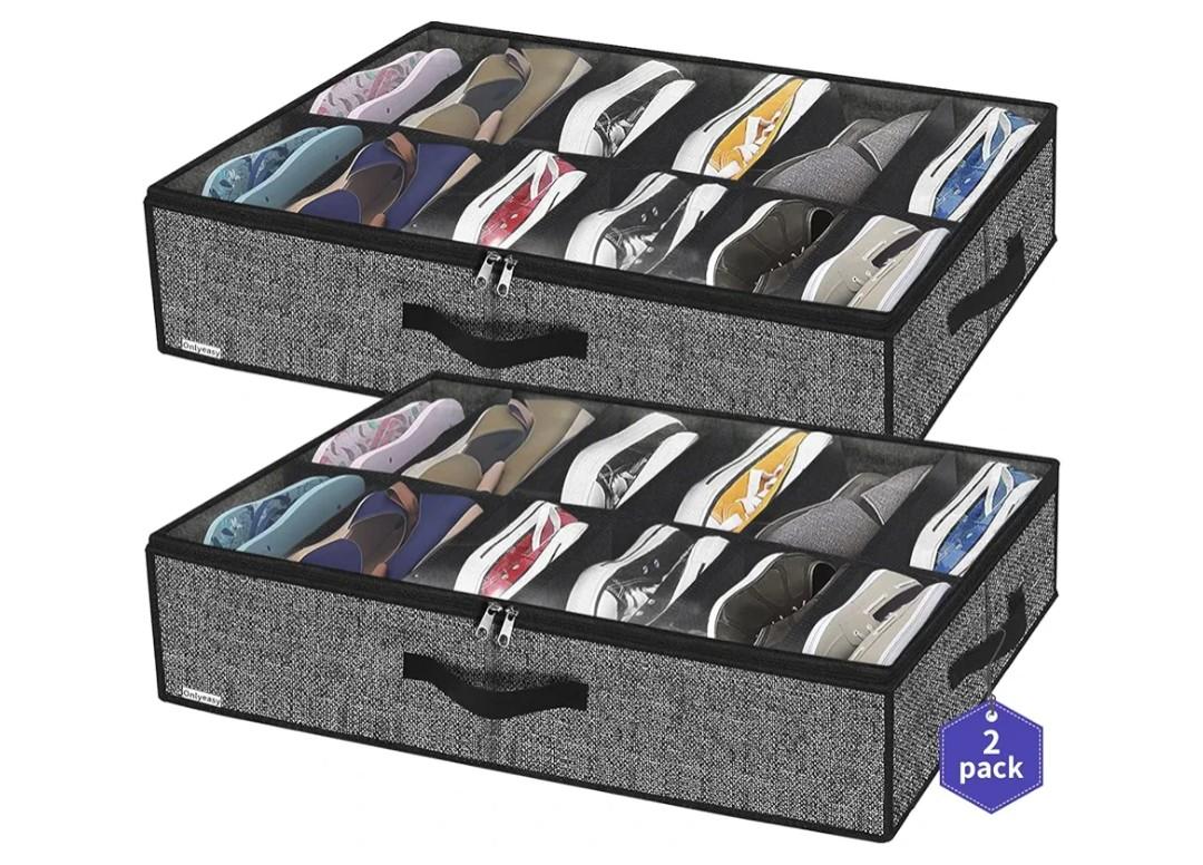 Onlyeasy Sturdy Under Bed Shoe Storage Organizer, Set of 2, Fit 12 to 24 Pairs, Underbed Shoes Closet Storage Solution with Clear Window, Breathable, L29.3 x W23.6 x H5.9, Linen-like Black