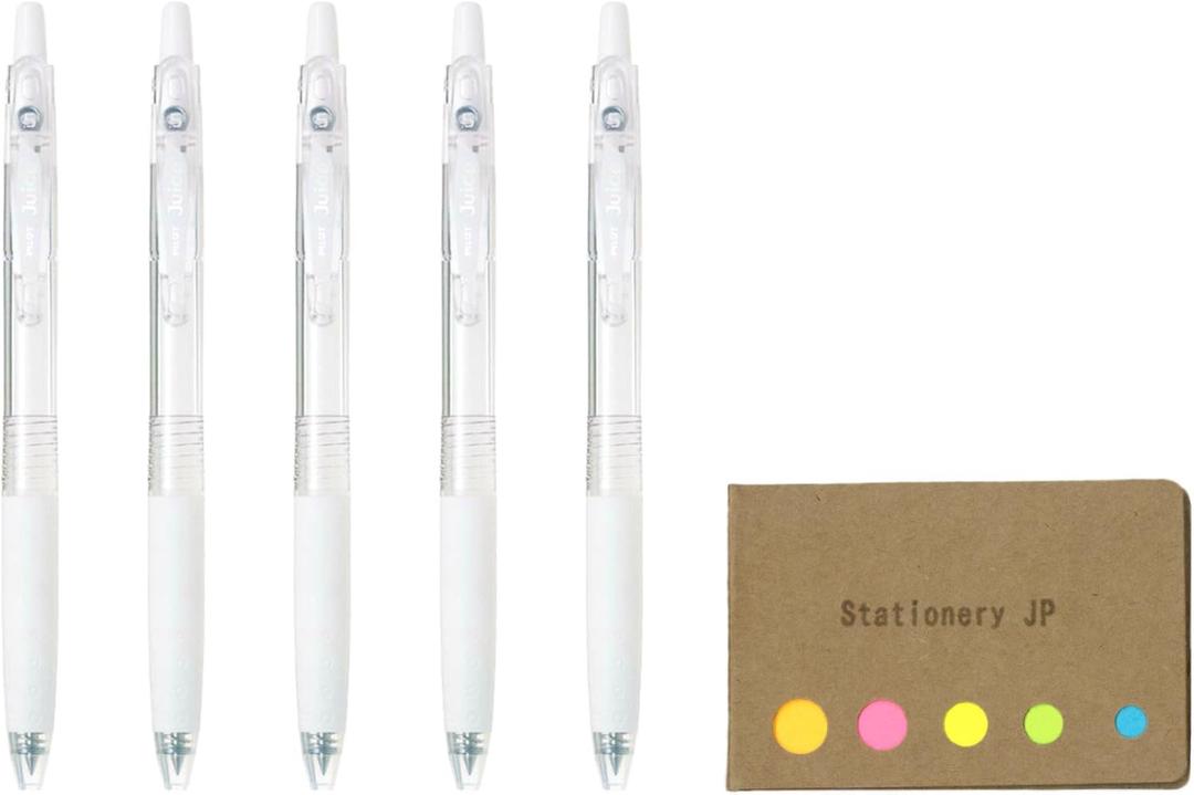 Pilot Juice 05 Retractable Gel Ink Pen, Extra Fine Point, 0.5mm, White Ink, 5-Pack, Sticky Notes Value Set