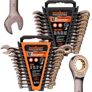 HORUSDY 24-Piece Ratcheting Wrench Set | Metric and SAE | Ratchet Combination Wrenches Set with Organizer | 72-Tooth | Chrome Vanadium Steel | 6-19 mm & 1/4” to 3/4“ (13-Piece Metric&SAE)