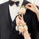 Serwalin Champagne Rose Corsage and Boutonniere Set, 2 Pcs Boutonniere and Wrist Corsage Wristlet Prom Flowers Wedding Ceremony Party Accessories Suit Decorations