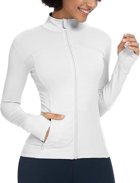 QUEENIEKE Women's Full Zip Athletic Jackets Running Workout Track Jacket Scrub Bbl Gym Yoga Sport Tight Tops (white)