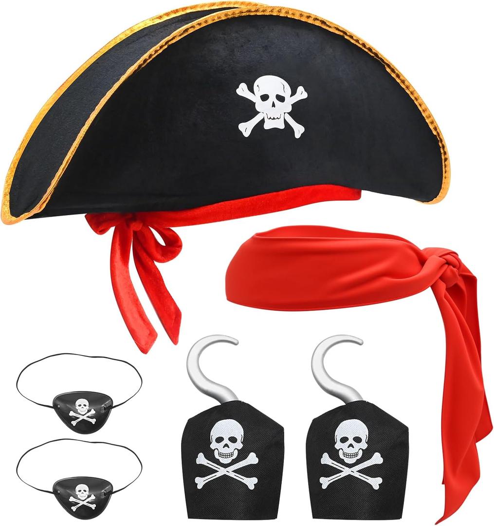 6 Pcs Pirate Costume Accessory Set, Black Captain Hat with Skull Emblem, Red Headband, Eyepatch & Hook Props for Halloween Theme Party