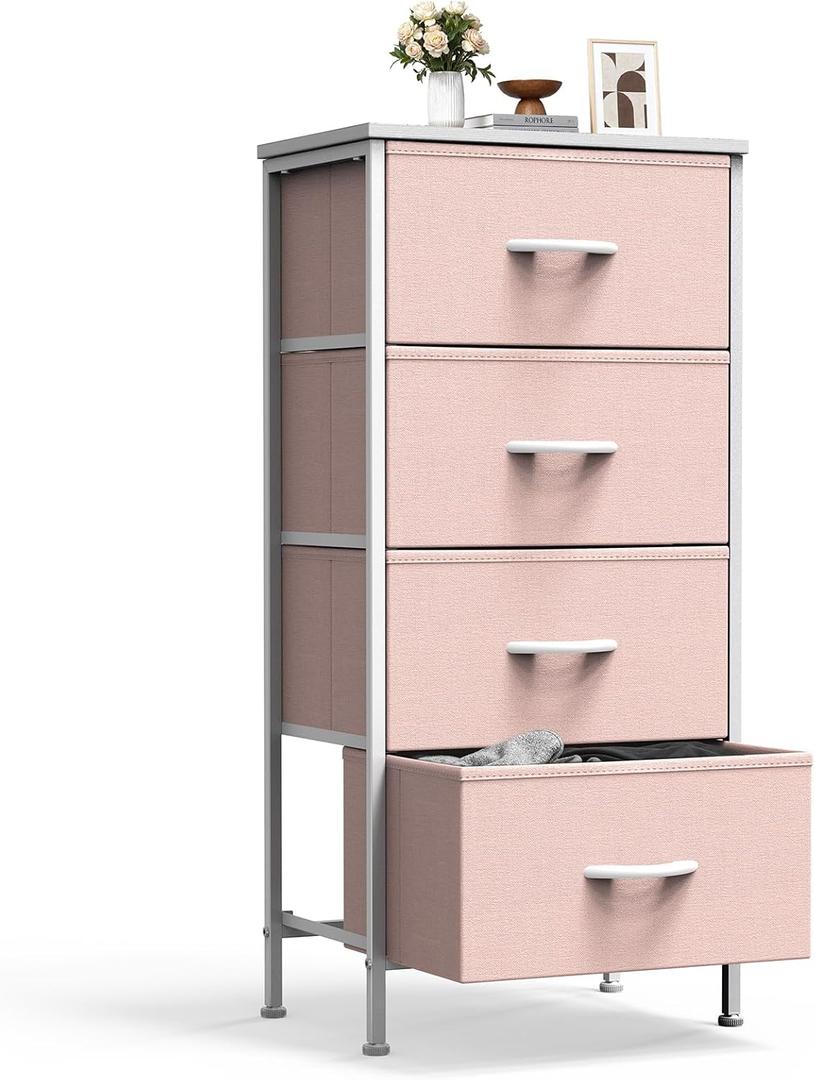 Sweetcrispy Nightstand Small Bedroom Dresser with 4 Fabric Drawers,Bed Side Furniture End Table,Wooden Top Cabinet Night Stand Dresser for Closet,Entryway,Dorm,Pink, 17.7"D x 11.8"W x 37"H