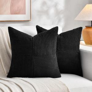Fancy Homi 2 Packs Black Decorative Throw Pillow Covers 18x18 Inch for Living Room Couch Bed Sofa, Rustic Farmhouse Boho Home Decor, Soft Corss Corduroy Patchwork Textured Square Cushion Case 45x45 cm (18" x 18" (Pack of 2))