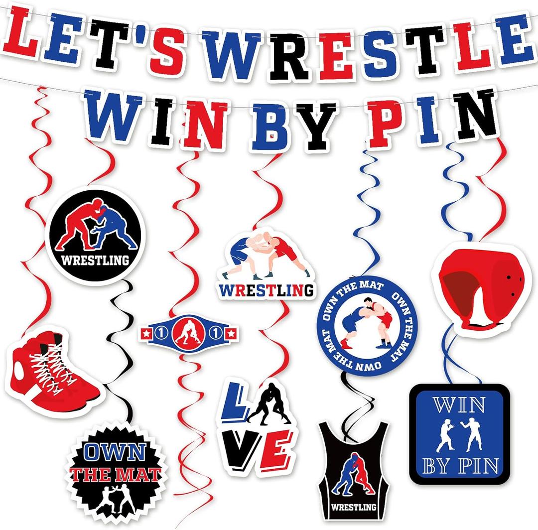 32 Pcs Wrestling Party Supplies Wrestling Birthday Decoration Include 2 Wrestling Themed Banner Garland and 30 Wrestling Hanging Swirls for Party Favors Wrestling Birthday Decor