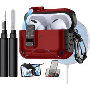 Lerobo for AirPods Pro 2 Case with Phone Stand, Hard Protective Cover with Cleaner Kit Compatible with Magsafe for AirPod Pro Case Cover, Magnetic Automatic Lock,Drop Protection, Wireless Charging,Red