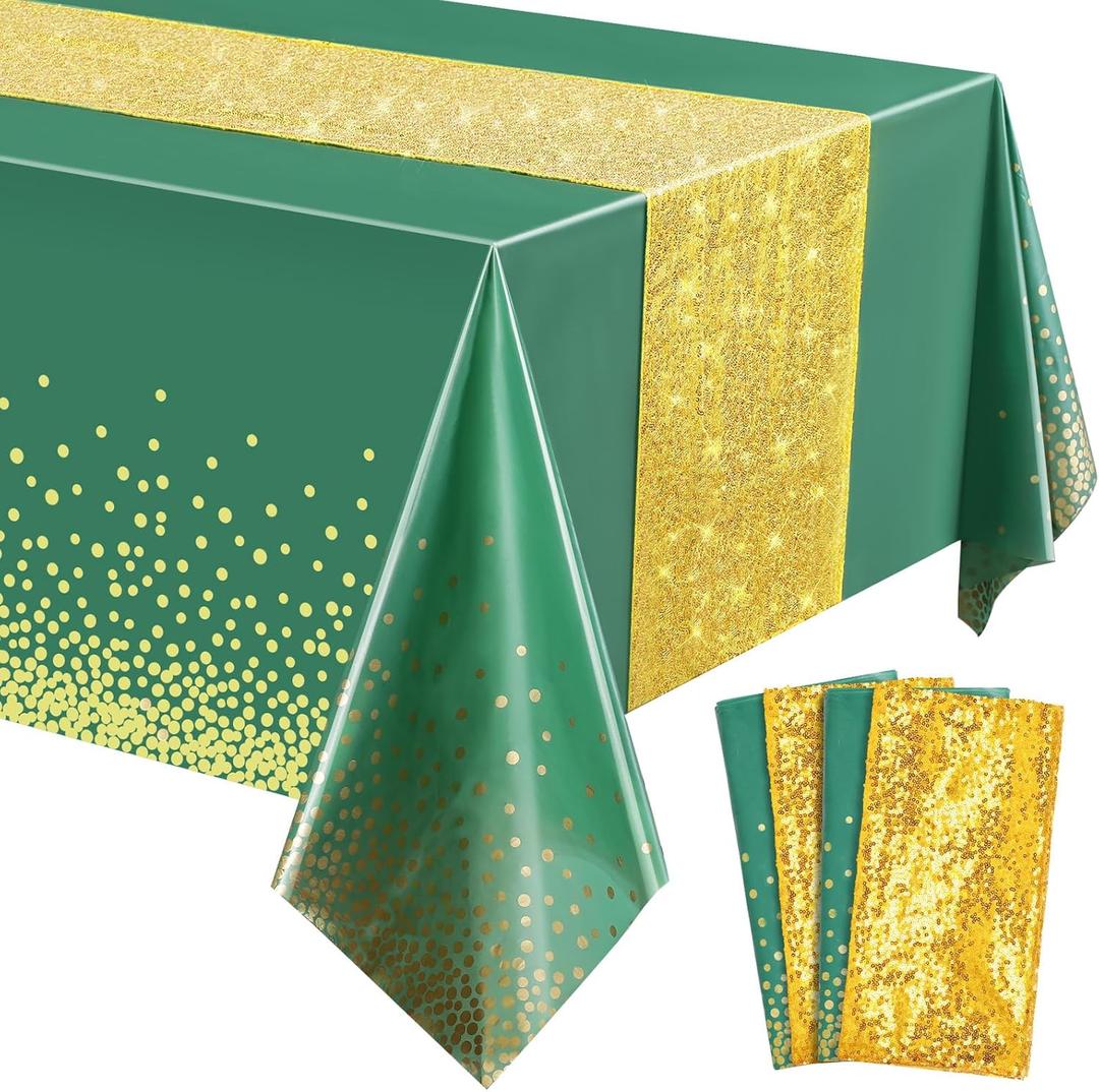 Tablecloth and Sequin Table Runner Set Polka Dots Confetti Table Cover Dining Plastic Table Cloths Glitter Decorations for Birthday Wedding Anniversary Party Supplies (Green, Gold,4 Pcs)