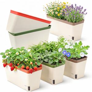 OurWarm Self Watering Pots for Indoor Plants, 6 Pack 10.5 Inch Plastic Window Herb Planter Box with Water Level Indicator, Modern Decorative Windowsill Planters for Herbs, Flowers, Seedlings
