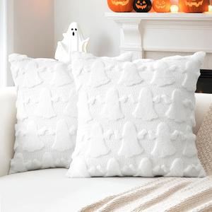 OTOSTAR Set of 2 Ghost Pillow Covers Halloween Throw Pillow Covers for Sofa Couch Bed Living Room Soft Plush Short Wool Velvet Farmhouse Throw Pillow Covers for Thanksgiving Pure White 14x14 Inch