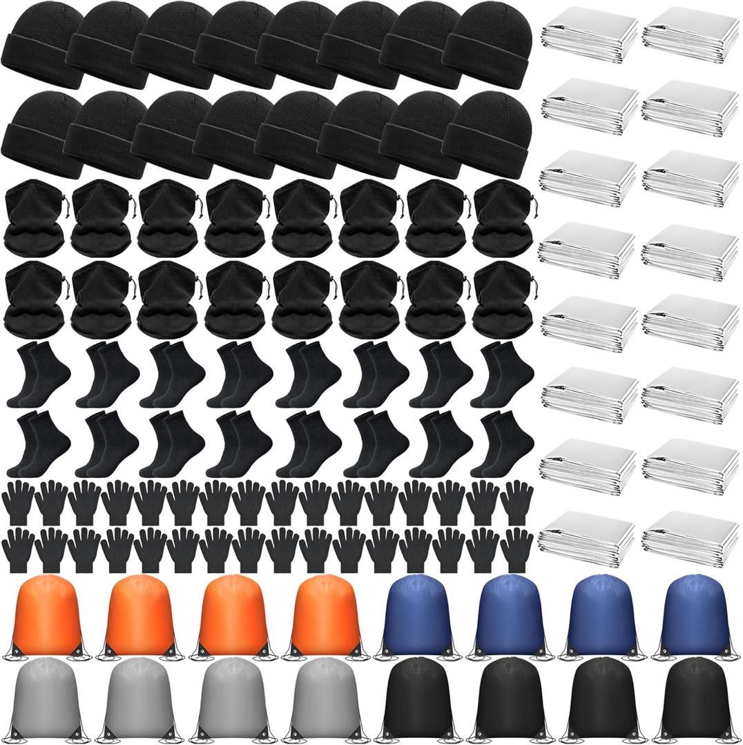 Homeless Care Package Supplies Bulk,96 Pcs Winter Beanies Hat Neck Warmer Socks Bulk Set Gloves Set with Drawstring Bags
