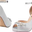 ERIJUNOR Women's Peep Toe Platform High Heel Rhinestones Satin Evening Prom Wedding Shoes (Silver)