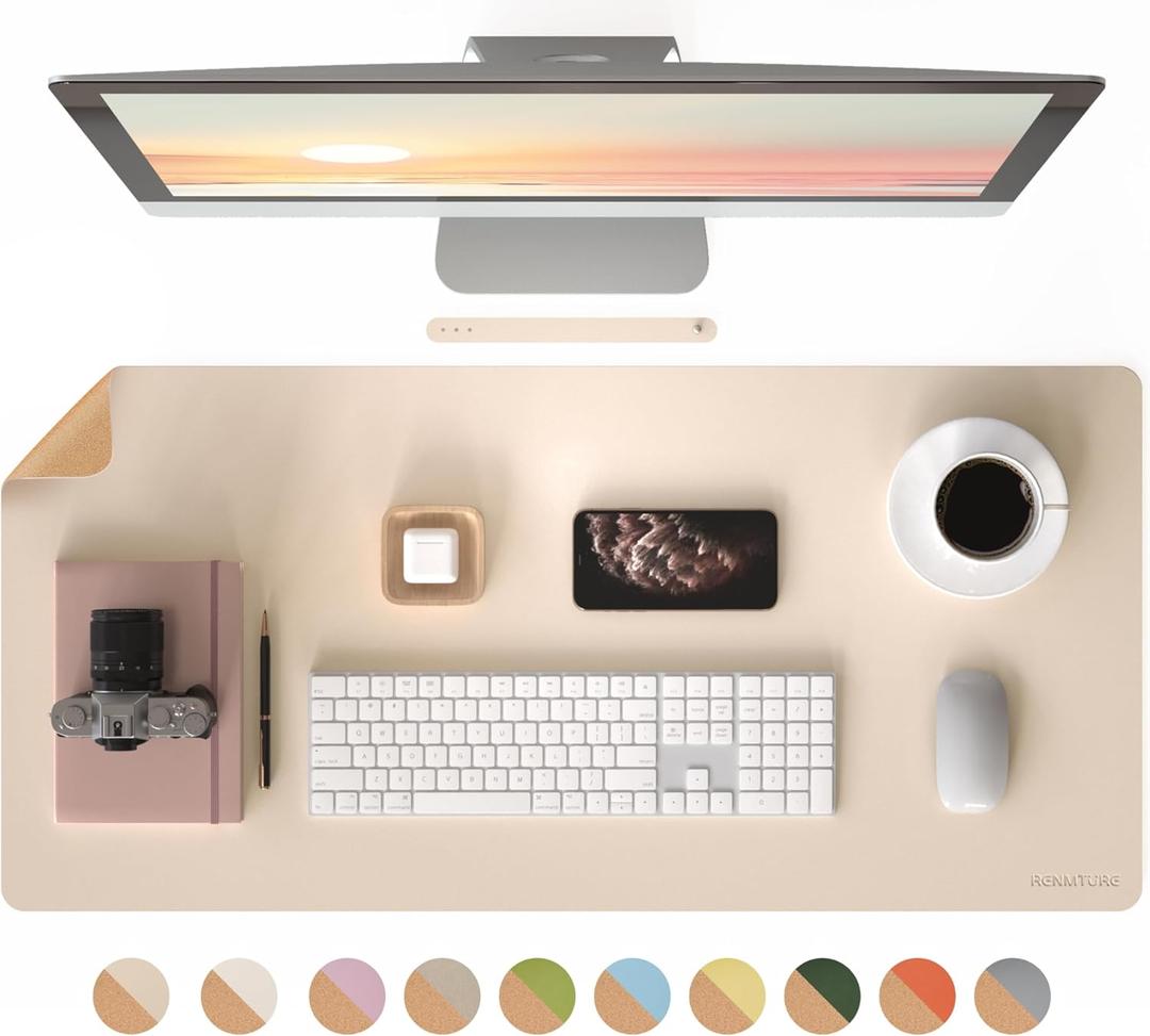 RENMTURE Desk Pad, Cork & PU Leather Desk Mat, Large Mouse pad, Non-Slip Desk Protector and Blotter, Waterproof Writing Pad, Desk Accessories and Organizers for Home Office (Apricot,36"x17")