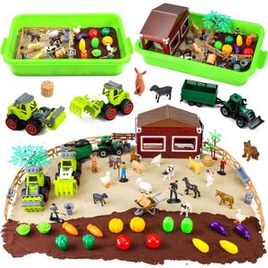 69 PCS Farm Sensory Bin Toys Playset, Sandboxes with Sand, Farmer Tractor & Farm Animals Figures Toys for Kids 3 4 5, Gifts for 6 7 Years Old Boys Girls Toddlers