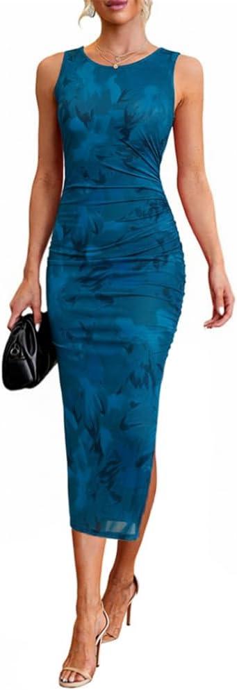 oten Women's Floral Bodycon Midi Dress Ruched Mesh Sleeveless Summer Wedding Guest Cocktail Party Dress with Slit, Small
