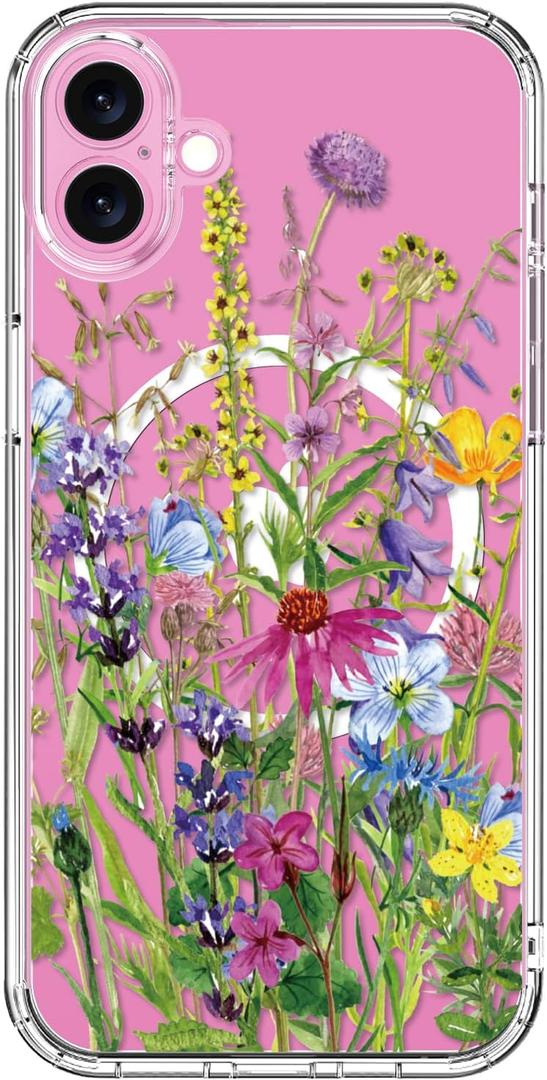 bicol for iPhone 16 Plus Case with Screen Protector - Wireless Charging Compatible, Enhanced Camera Protection - Clear Acrylic Phone Cover with Trendy Floral Design for Women - Blooming Flowers