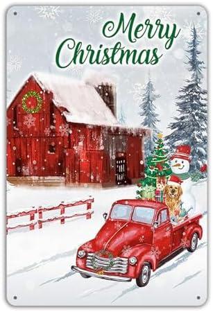 Christmas Decor Red Truck Wall Decor Merry Christmas Metal Tin Sign Christmas Tree Vintage Metal Tin Signs Country Retro Christmas Decorations Red Home Decor, Set of 6