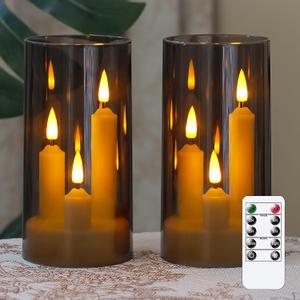 3 in 1 Flameless Taper Short Candles with 10 Key Remote Control and Timer, Battery Operated Pack of 2 LED Acrylic 3" x6" Grey Pillar Flickering Warm Light