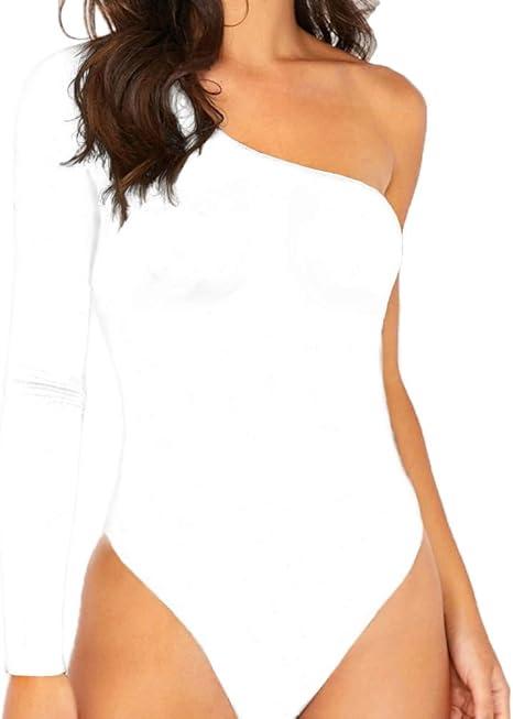 Allchic Womens Sexy One Shoulder Sleeveless Bodysuit Tops Scoop Neck Jumpsuits White M