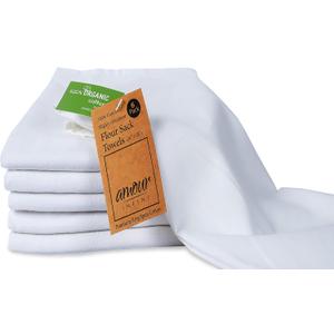 AMOUR INFINI White Organic Cotton Flour Sack Kitchen Towels Pack of 6 - Tea Towel for Embroidery and Drying Glass, Dinnerware - Lint Free & Highly Absorbent Flour Sack Dish Towel (28x28 Inch)