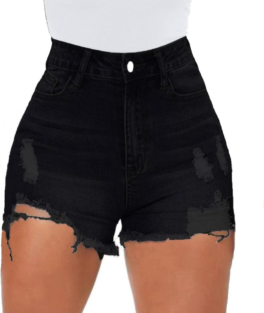 Women High Waisted Skinny Stretchy Denim Shorts Casual Summer Frayed Raw Hem Distressed Ripped Short Jeans (Large, Black 2)