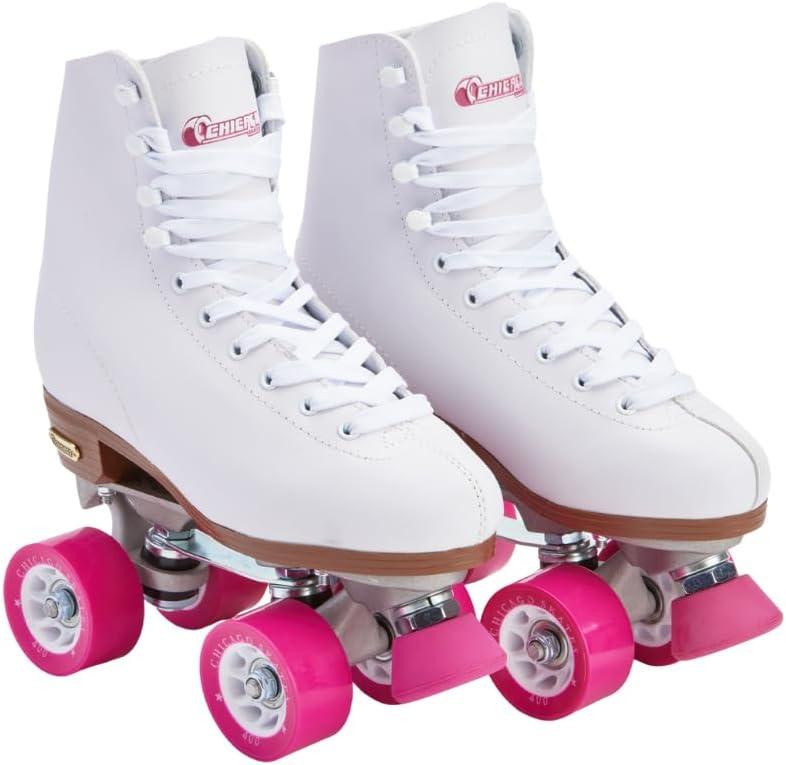 Chicago Skates Classic Quad Roller Skates for Women & Men Durable & Top Performance, Adjustable High-Top Boots for Safe Indoor/Outdoor Roller Derby60mm PU Wheels & Semi-Precision Bearings (White) Size: Womens 5 / Mens 4