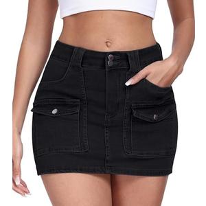 Aotasely 2025 Women's Stretchy Denim Skirt High Waisted Cargo Skirt Y2k Casual Mini Skirt Cute Jean Skirt with Pockets, Size Medium