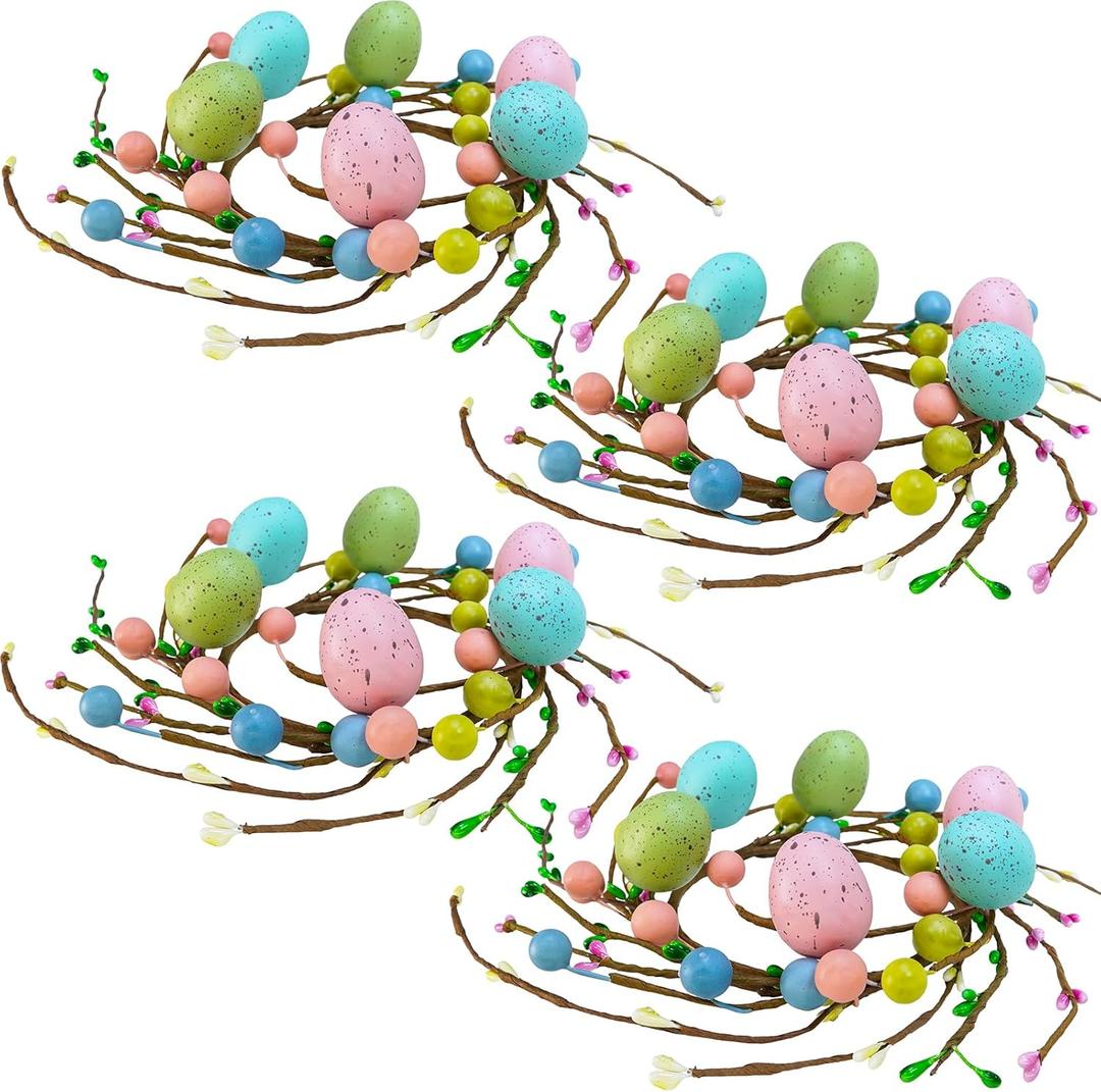 Winlyn 4 Pcs Easter Egg Candle Rings Wreaths Spring Egg and Pip Berry Candle Rings Artificial Easter Egg Candle Holder Mini Wreaths 9.5" Wide for Easter Spring Holiday Home Kitchen Table Centerpiece