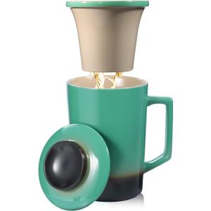 15 OZ Porcelain Tea Infuser Cup with Lid,Ceramic Tea Mug with All-Porcelain Strainer for Loose Leaf Teas,Microwave and Dishwasher Safe Tea Mug,Metal-Free,BPA-Free for Tea Lovers/Valentine's Day(Green)