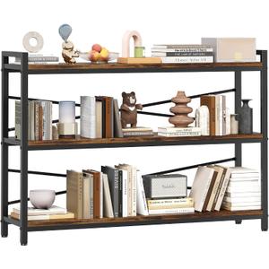 3 Tier Bookcase 47.24" Width, Long Industrial Book Shelf, Vintage Wooden Large Book Shelf for Home Living Room Bedroom Office Storage(Vintage)