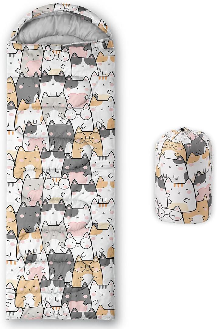 QOOMO Kawaii Cat Printed Camping Sleeping Bags, 3 Season Warm & Cool Weather, Lightweight, Waterproof Sleeping Bags for Adults Kids Girls, Traveling, and Outdoors, Camping Gear Equipment, 31x90inch
