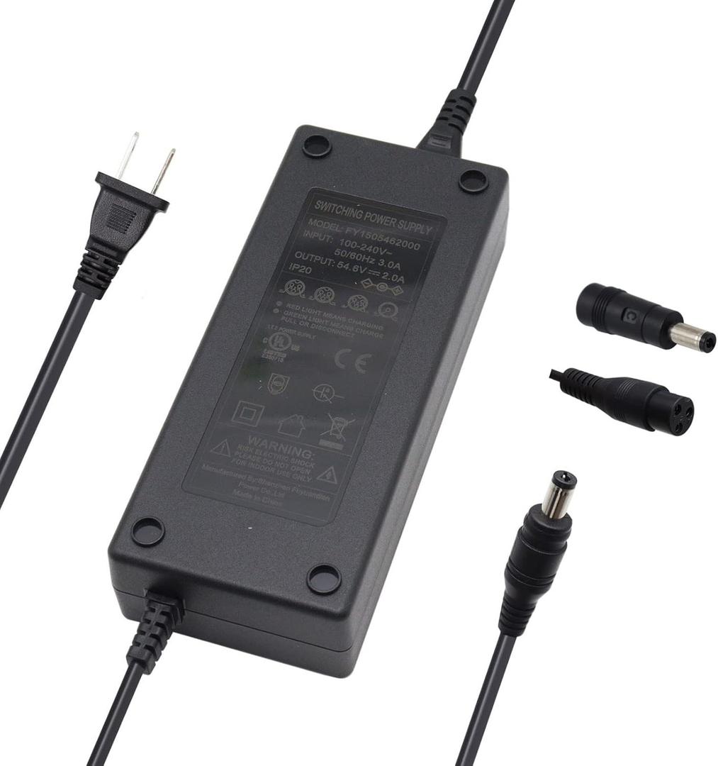 54.6V 2A Power Supply Adapter Charger for 48V 13S Li-ion Lithium Battery Pack 5.5x2.1mm Round Plug with 5.5x2.5mm & GX16 12mm 3-Prong Female Inline Tips