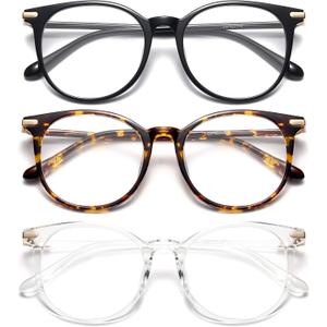 Gaoye 3 Pack Blue Light Blocking Glasses, Retro Round Eyewear Frame Anti Eyestrain Computer Glasses for Women Men - GY1688 (Black+Tea Leopard+Transparent)