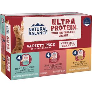 Natural Balance Ultra Protein Wet Cat Food Cuts in Gravy, Variety Pack with Protein-Rich Organs for Cats, Organ Cat Food with High Protein - 2.7oz. Case of 12 BBD: 06-2-27
