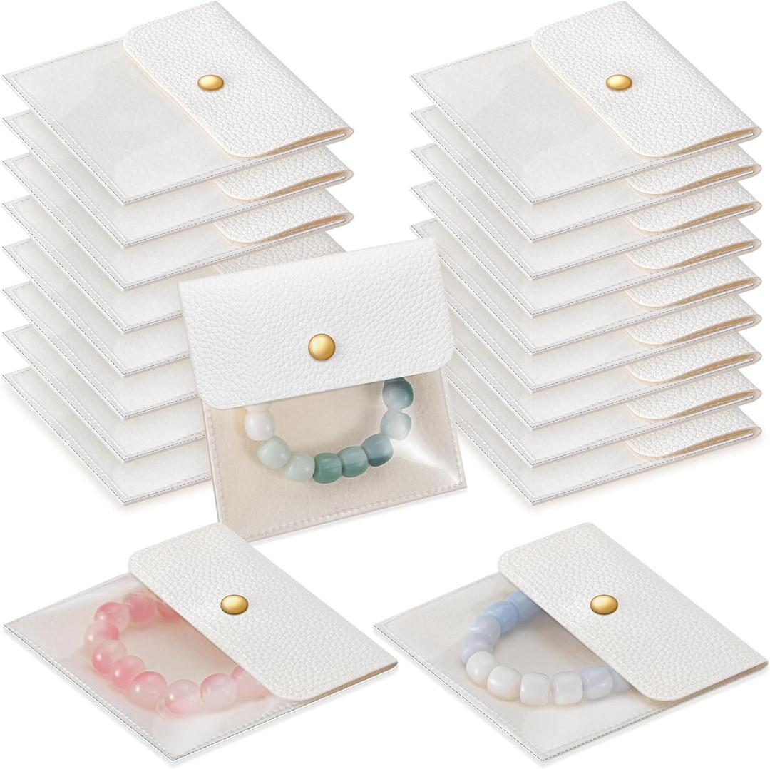 Abbylike 18 Pcs Small Velvet Jewelry Pouch for Travel 4 x 4 Inch Mini Clear Jewelry Bags Traveling PU Leather Velvet Organizer Bags (White)
