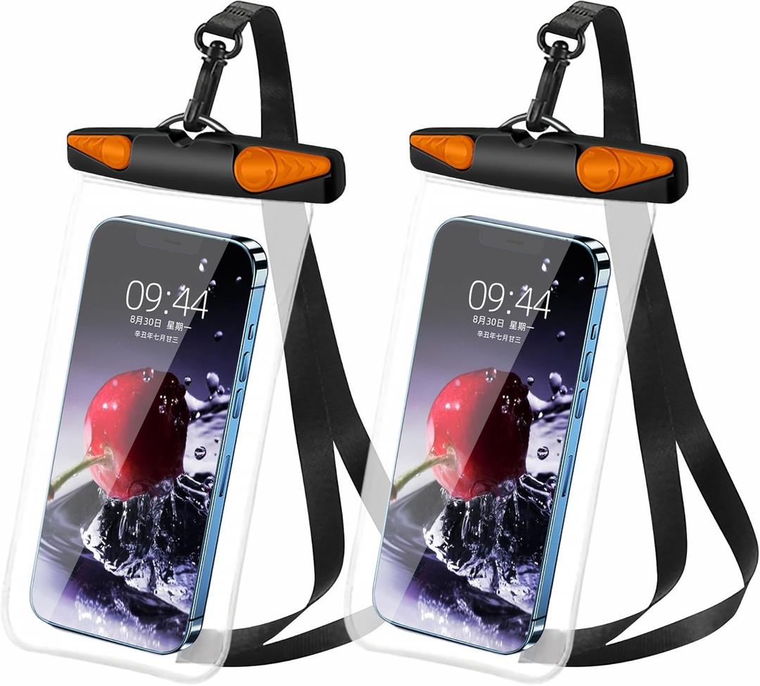 Waterproof Phone Pouch, Waterproof Phone Case with Lanyard for iPhone, Samsung, IPX8 Cellphone Beach Dry Bag Kayak Cruise Ship Essentials 2Pack-7.5" (Black Orange)