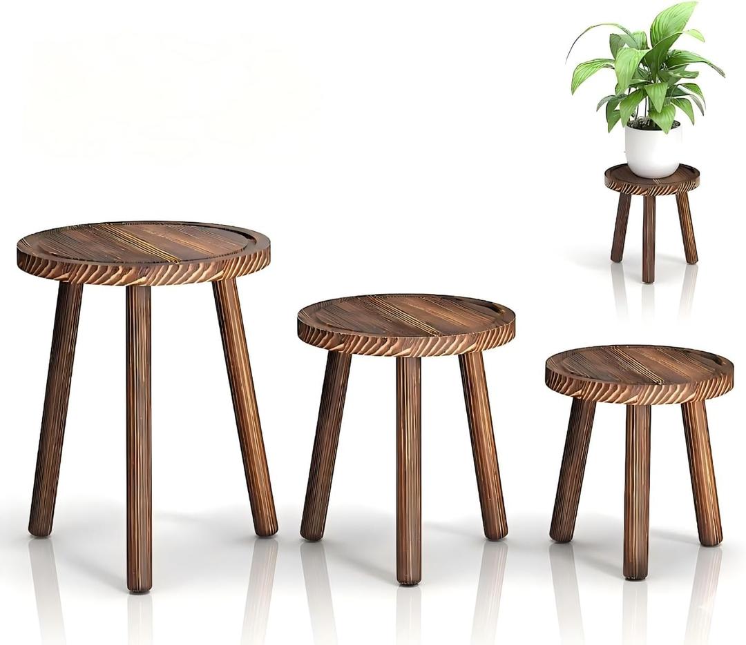 3-Pack Wood Plant Stands Indoor, Single Plant Stand for 6-12 Inch Pots, Mid-Century Modern Plant Stool, Tall Plant Stand for Large Plants Perfect Fit for Living Room, Balcony, Office