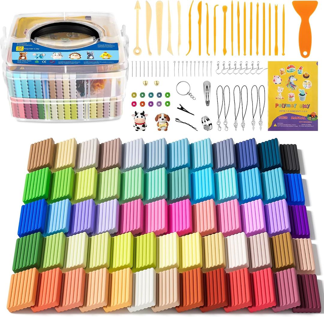 Polymer Clay 62 Colors, Modeling Clay for Kids, Non-Sticky Oven Bake Clay with Sculpting Tools and Accessories, Halloween Christmas Gift for Children and Artists